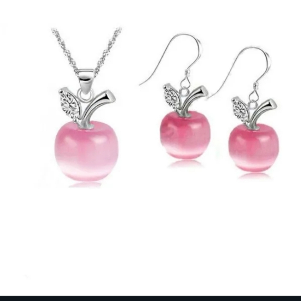 NWT Boho Stamped 925 Silver Pink Cats Eye Apple Necklace & Earrings Set!!